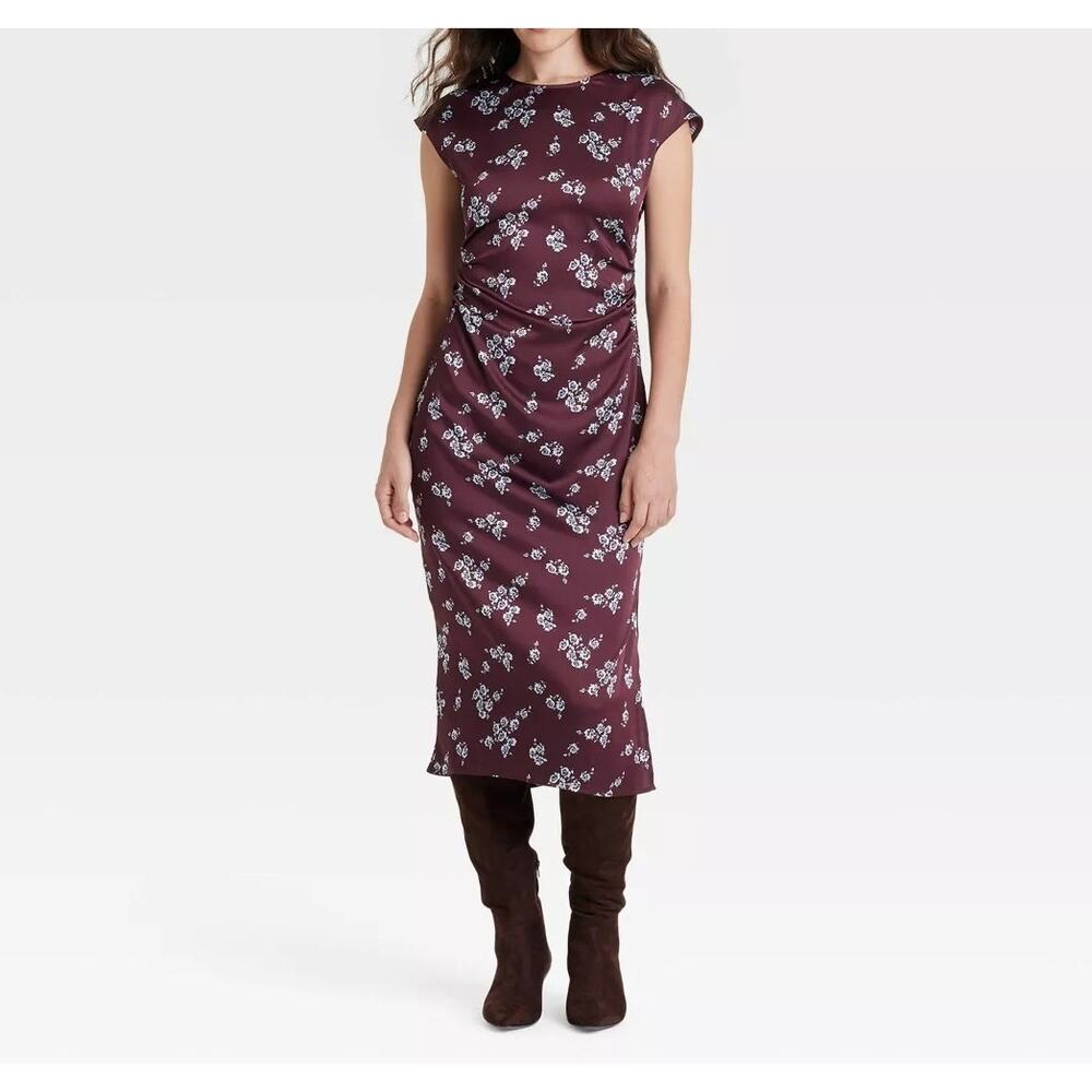 NWT A New Day Purple Blue Floral Satin Midi Dress XXL Sleeveless Ruched Sides
